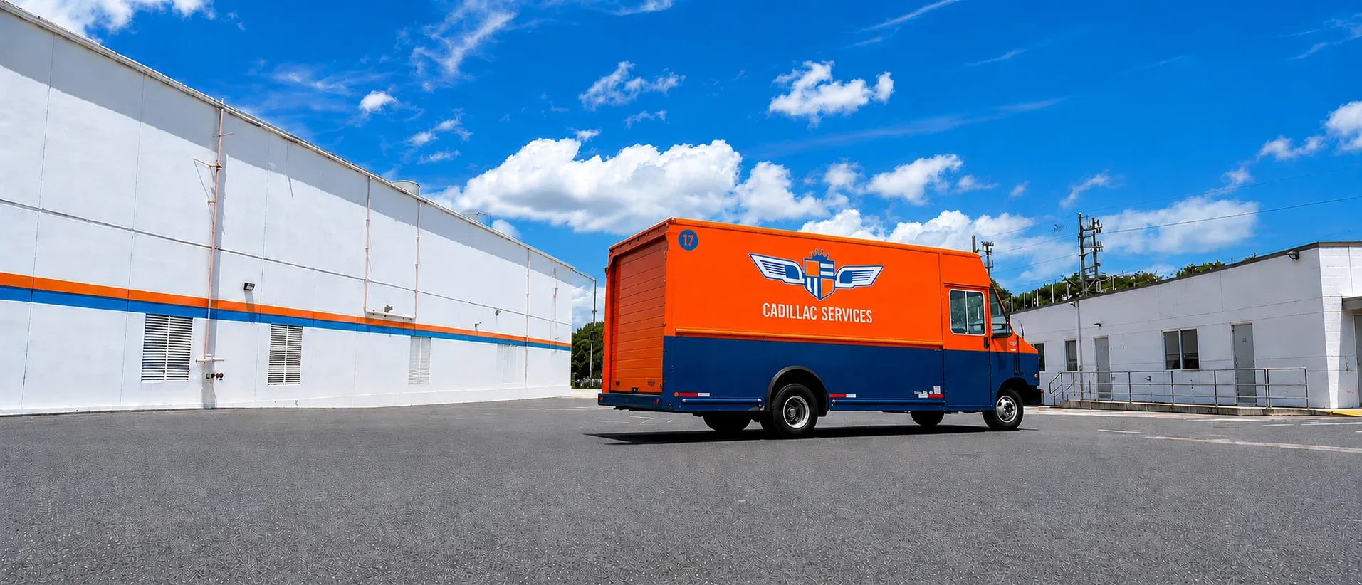 Cadillac Services delivery truck in orange and navy livery